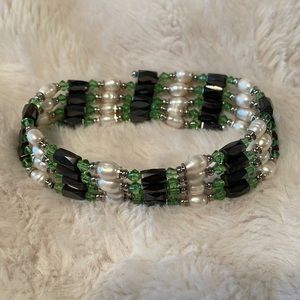 Magnetic hematite bracelet/necklace with pearls, green, black & silver b…